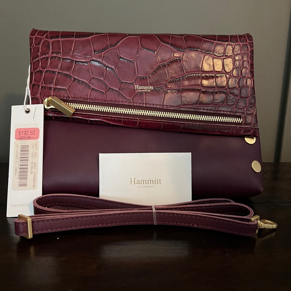 Hammitt Burgundy Croc-Embossed Wristlet with Gold Accents